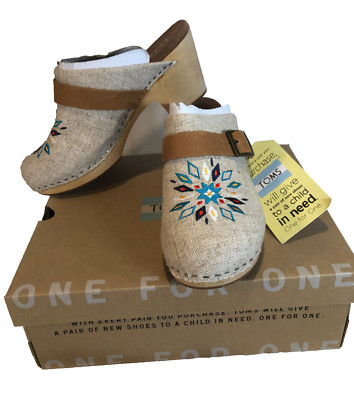 TOMS Elisa Women 6.5 Linen Embroidered Burlap Wood-Soled Slip-On Clogs Boho Clog