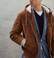 Men's Brown Real Suede Bomber Leather Jacket with Hood Western Outerwear - 147