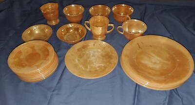 Vintage Fire King Peach Luster Ware Set, Teacups, Saucers, and Plates (1960s)
