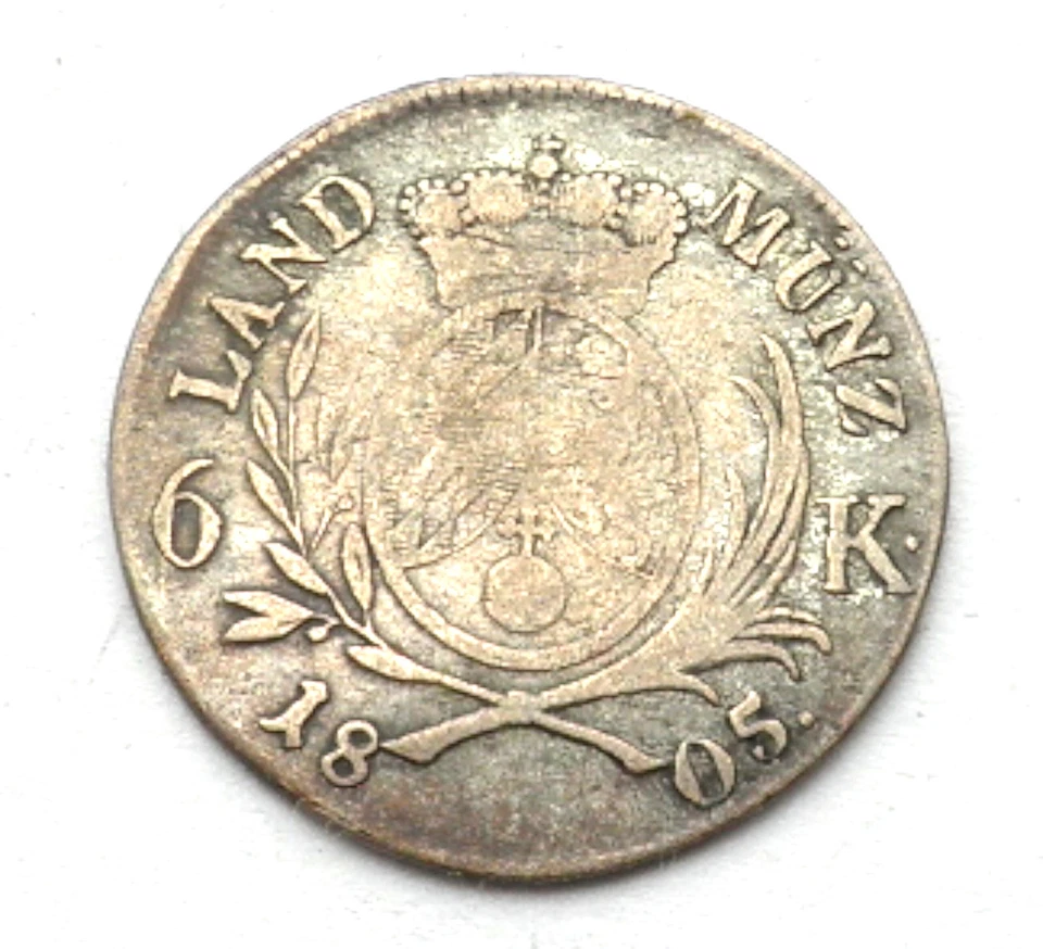 GERMAN STATES BAVARIA 6 KREUZER 1805 Silver, Maximilian IV, Josef, Rare. SS2.7 - Image 2 of 2