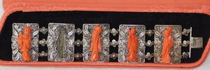 ATQ Chinese Carved Pink Coral Immortals Sterling Silver Filigree Panel Bracelet