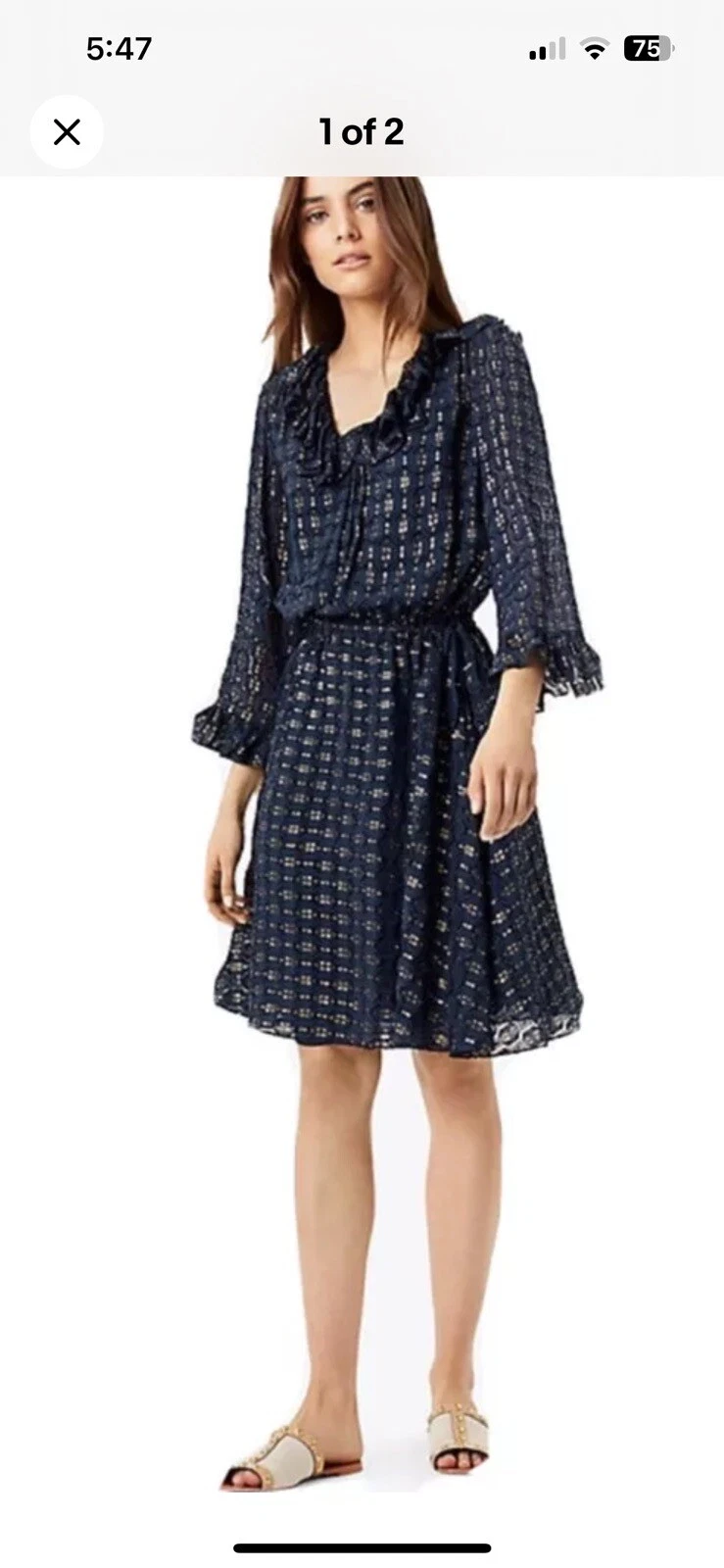 ABITO NUOVO SENZA ETICHETTE TORY BURCH GELSOMINO MISTO SETA VOLANT RIGHE METALLIZZATE BLU NAVY tg 0 $498