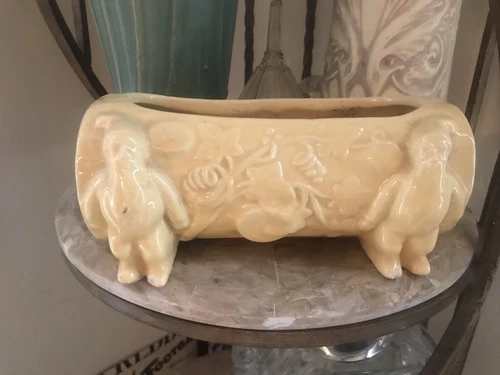 Vintage 1950s Shawnee Gnome Log Planter Yellow Glazed Art Pottery Pot