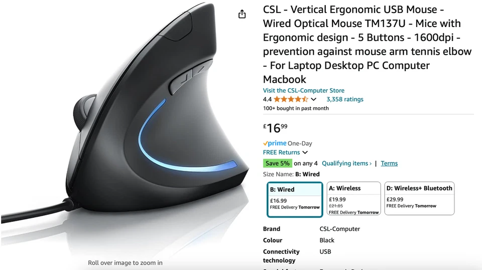 CSL A26068x30 Vertical Ergonomic Optical USB Mouse - Image 3 of 3