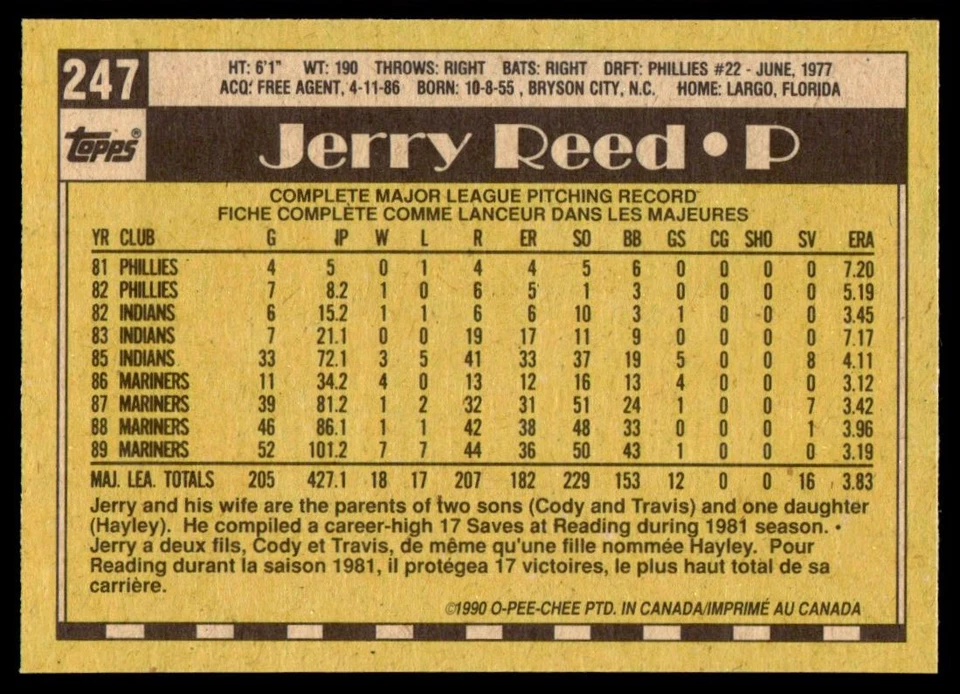 1990 O-Pee-Chee by Topps Jerry Reed Seattle Mariners #247 - Image 2 of 2
