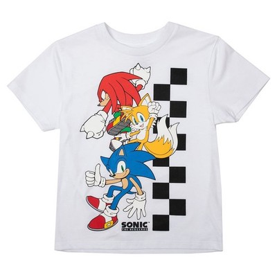 Sonic The Hedgehog Boys' T-Shirt With Sonic, Tails, Knuckles & Racing Flag (L)