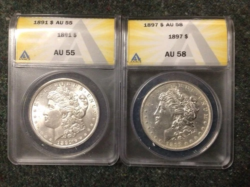 Lot of 2 Morgan Dollars 1891 ANACS AU55 & 1897 ANACS AU58  061