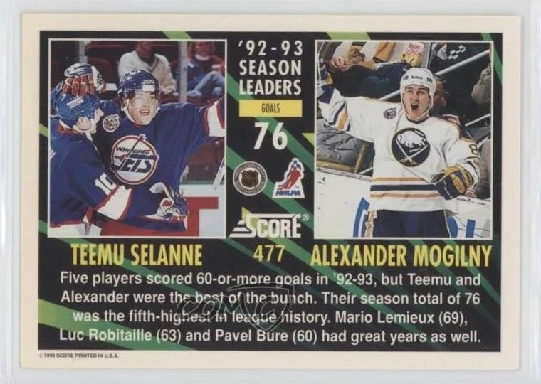 1993-94 Score American Teemu Selanne Alexander Mogilny #477 HOF - Image 2 of 2