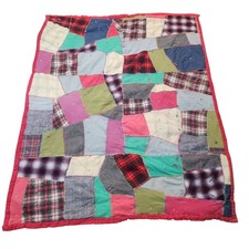 Vintage Handmade Patchwork Crazy Quilt Camp Blanket Wool Blend 78x62 Red Blue