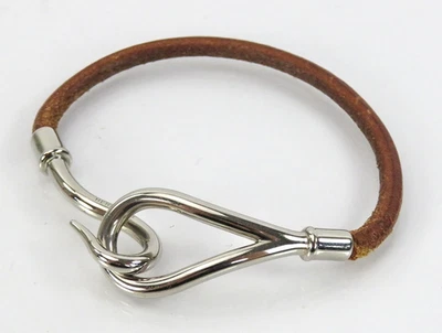 Authentique bracelet en cuir marron HERMES Silvertone Jumbo Hook #64137C - Photo 1/4