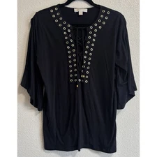 Michael Kors Black Sz L Gold Grommet Lace Up Tunic Split Sleeves Boho Fairycore