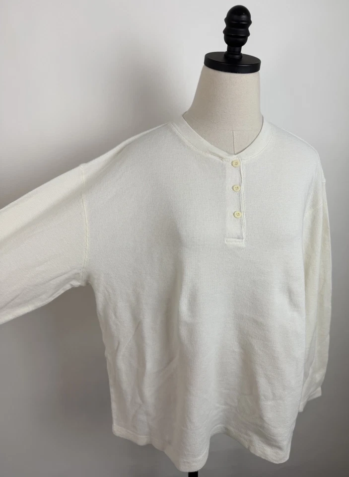 Vintage 90s Henley Shirt Womens Medium Ivory Waffle Knit Top Minimalist Workwear - Imagem 3 de 4