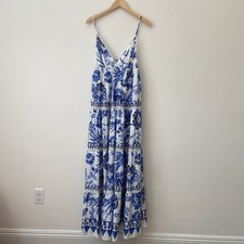Farm Rio Flowerful Birds Maxi Dress Blue Floral Tiered Medium NWOT $255