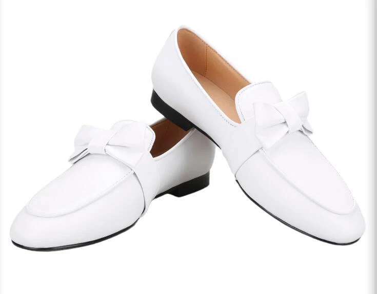 Men's Fashion Round Toe Bowknot White Leather Loafers Groom Wedding Dress Shoes - Image 4 of 4