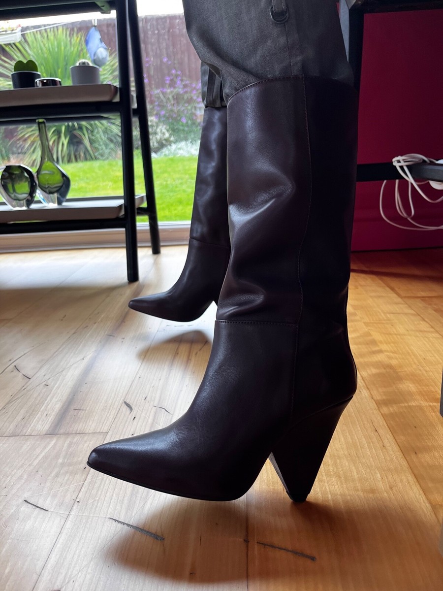 Reiss Women Jax Leather Mid Calf Length Cone Heel Plum Boots Size Uk  Rrp£275