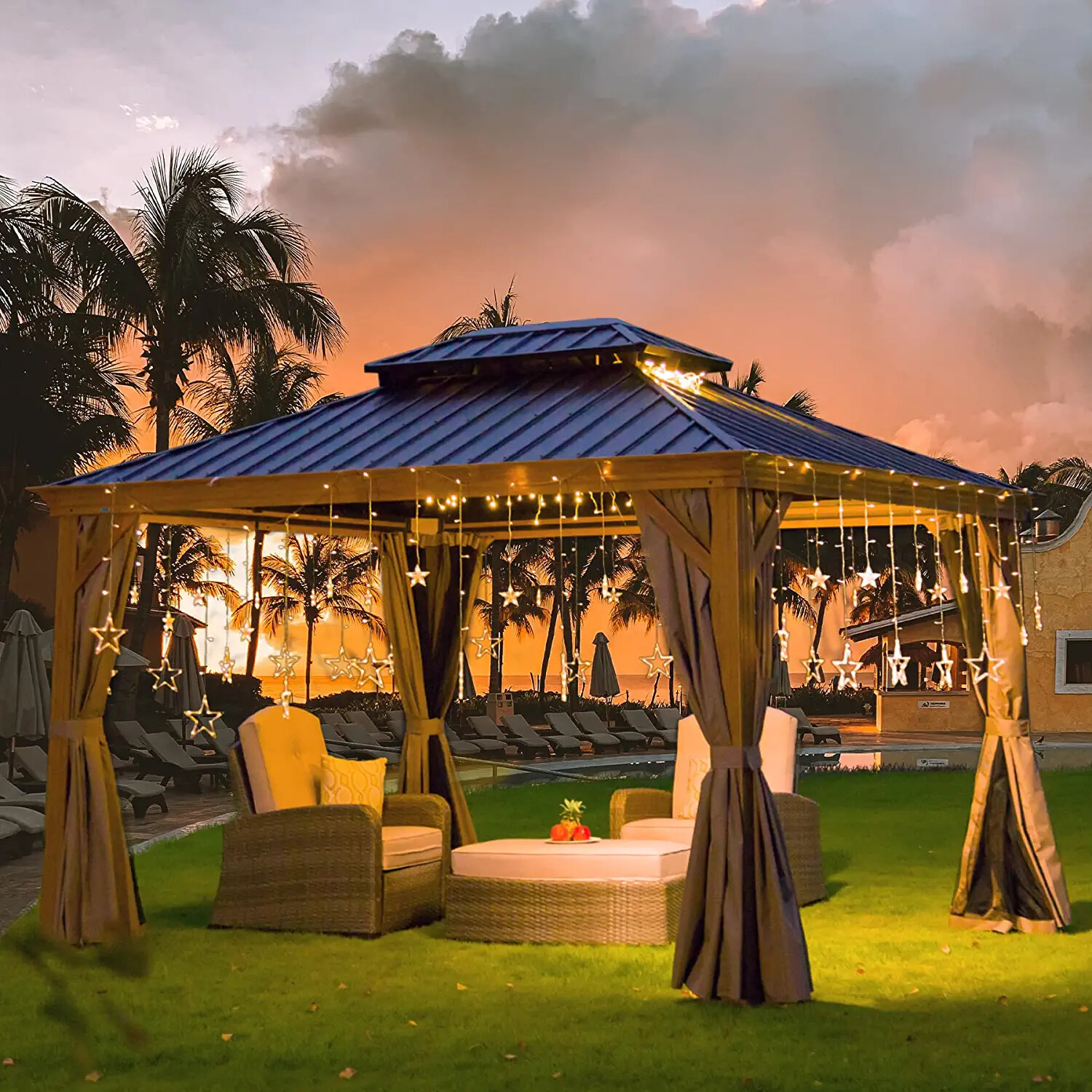 Domi 10' x 12' Outdoor Hardtop Gazebo Aluminum Wood Grain Frame w/Sidewalls