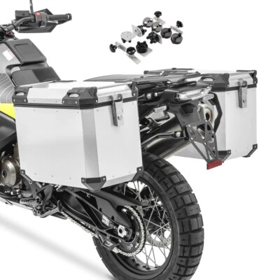 Set de Valises laterales aluminium moto QP48 argent + adapteur argent - Photo 1/4