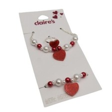 Claires Glitter Heart Girls Jewelry Set Ring Bracelet Necklace Faux Pearls