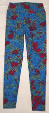 LuLaRoe Red Floral Blue Leggings One Size 24W x 24.5L 