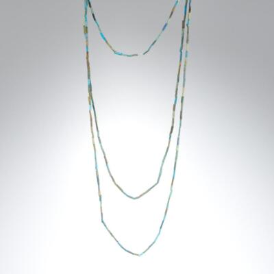 Antique Egyptian Faience Pottery Bead Necklace Three Strand Blues Browns