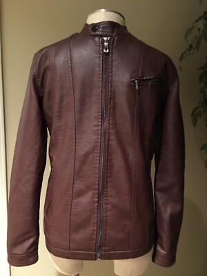 B S Mens Burgandy Brown Short Lined Zipper Detail Faux Leather Coat XS/S