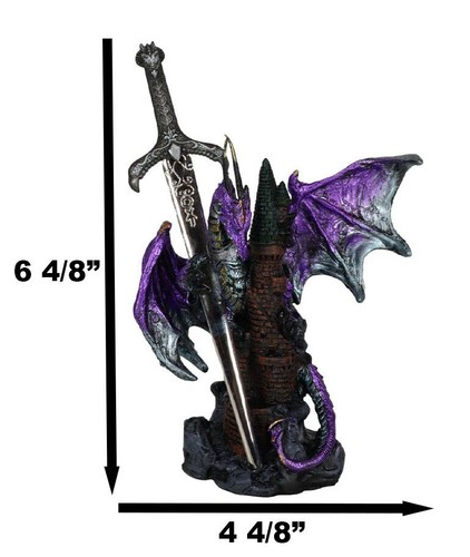 Purple Knight Dragon With Castle Tower And Gothic Sword Letter Opener Figurine - Picture 3 of 9