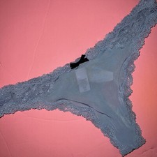NWT Victoria's Secret M THONG Blue Foil Lace Black Bow DREAM ANGELS