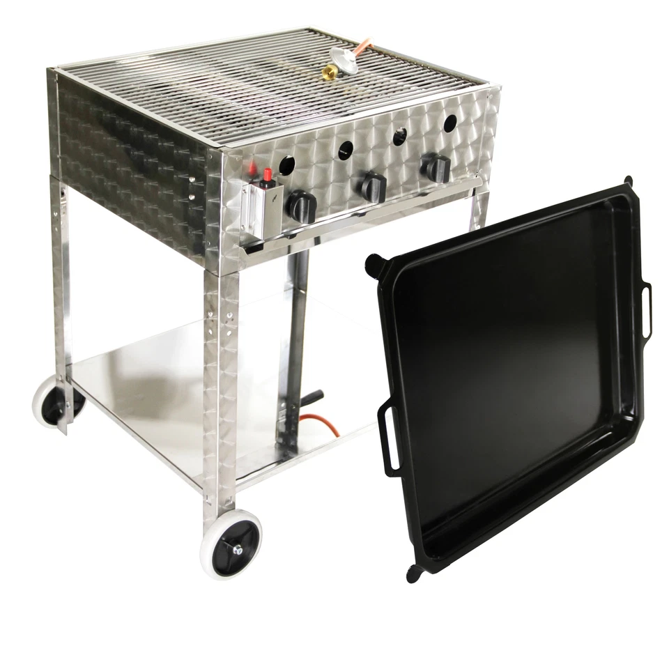 Edelstahl Gasbräter Gasgrill 10 kW Grill Pfanne 3 flammig Gestell Gasschlauch - Bild 2 von 4