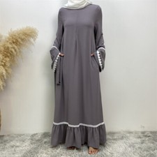 Muslim Women Long Maxi Dress Abaya Kaftan Open Front Zipper Dubai Turkey Ramadan