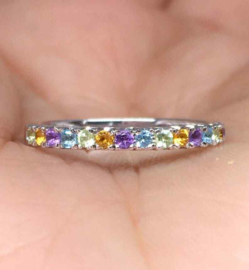 Multi Gemstone Eternity Band 925 Silver Women’s Wedding Ring Gift Jewelry-image