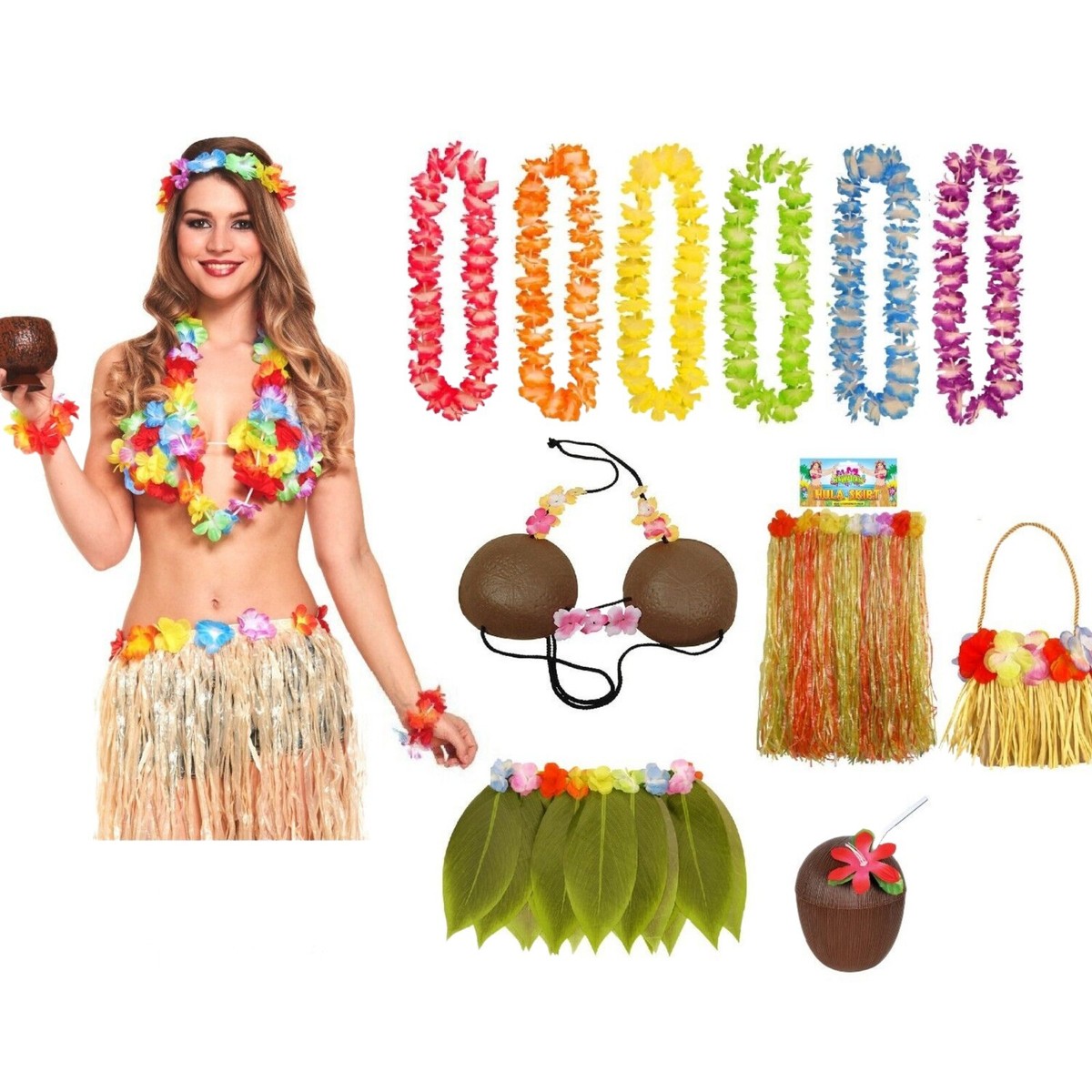 HAWAIIAN FANCY DRESS COSTUME Ladies Hula Lei Garland Coconut Bra