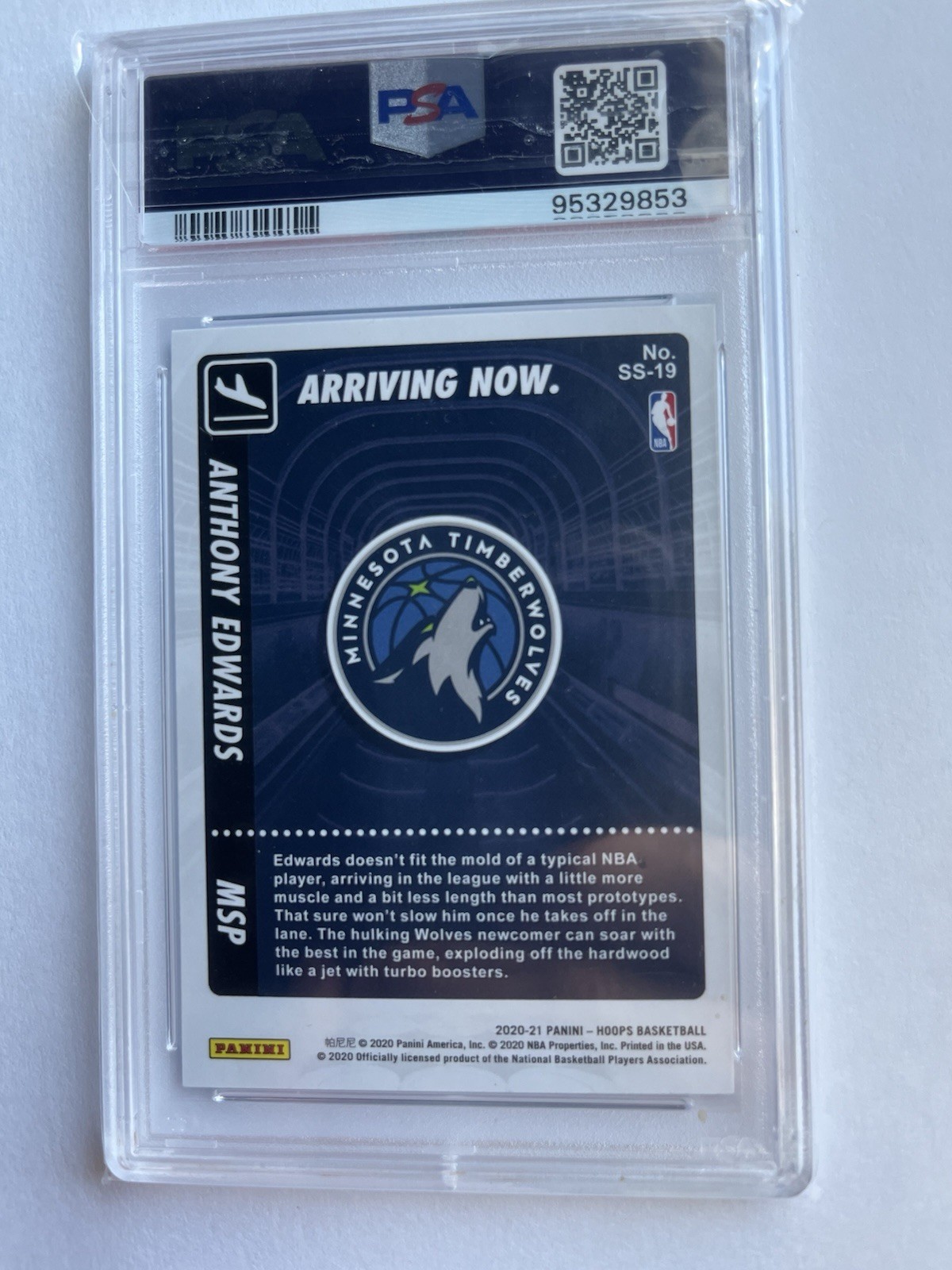 2020 Hoops Arriving Now #19 Anthony Edwards PSA 10 rookie view 2