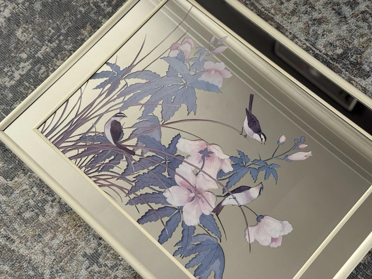 Vintage MCM Marsel Mirror with a Etched Floral & Bird Design in a White Frame