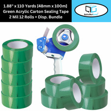1.88"x 110 Yds Green Color Packing Tape 2 Mil Premium Adhesive 12 Rls Dispenser
