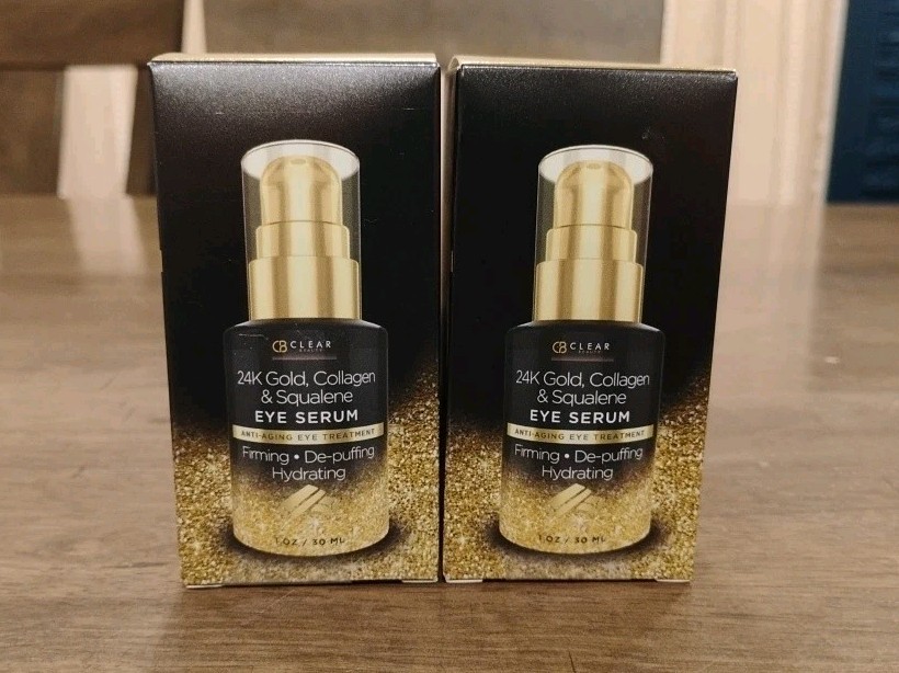 Lot of 2 CLEAR BEAUTY 24K Gold Collagen & Squalene Eye Serum 1 oz exp 12/27