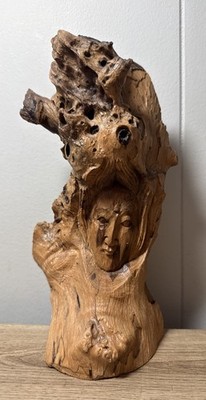Carved Wood Buddha/ Tree Spirit 9  Tall Light Brown With Darker Brown E4
