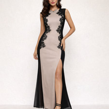 Lipsy Nude Black Maxi Dress 12 Party Evening Occasion Wedding Side Slit Lace
