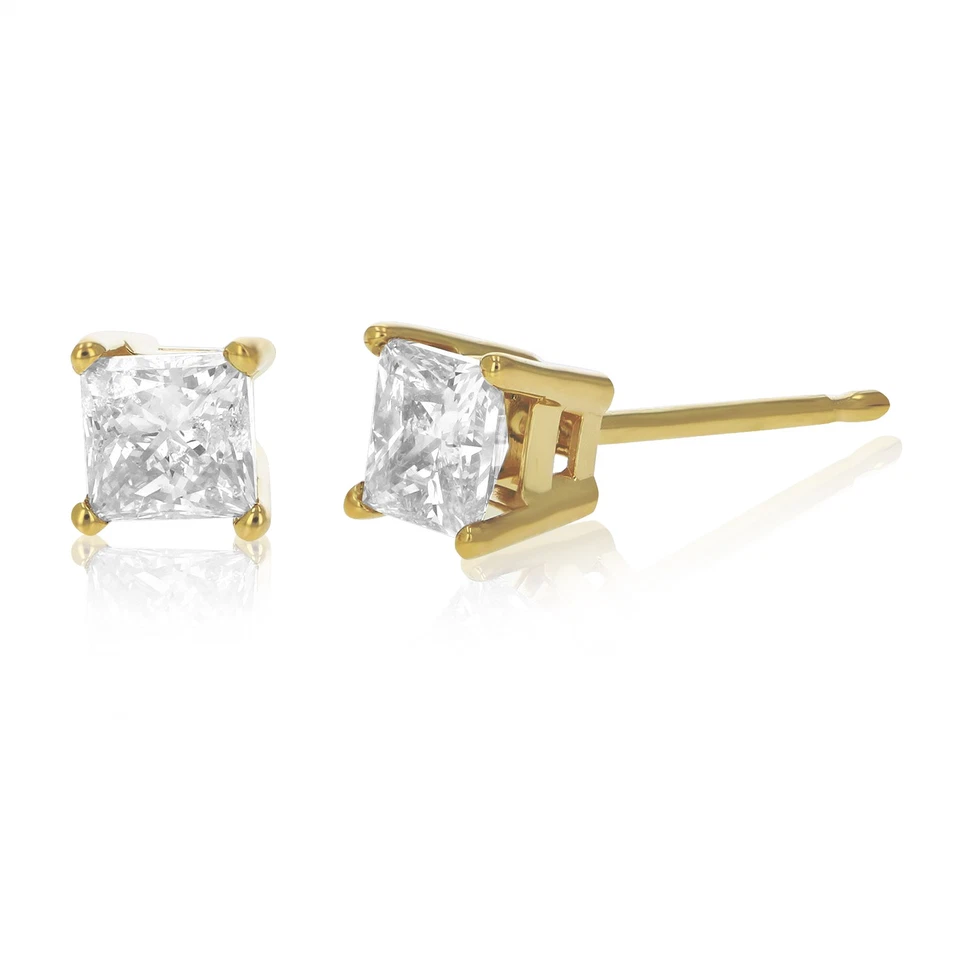 Aretes de diamantes de champán talla princesa de oro de 14 k de 4 puntas con retrocesos Foto 2 de 4