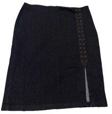 VTG Lauren Ralph Lauren Stretch Denim Slit Midi Skirt Leather Detail Boho - L 10