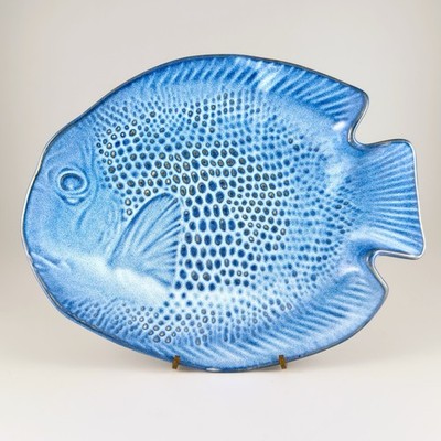 Uttermost Kotobuki 9.75  Sushi Sashimi Fish Plate Blue Azure Ceramic Dish Vtg