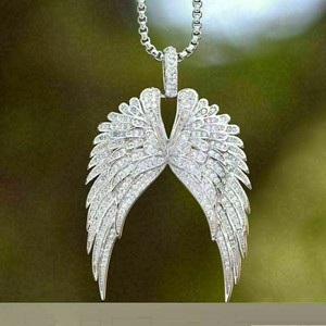 Authentic 2.00Ct Simulated Diamond Open Angel Wings Charm Pendant 14K White Gold Plated