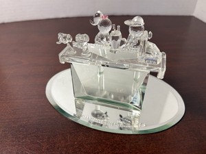 Crystal Or Glass Signed Figurine Soda Bar W/ Two Children Sitting Sharing Soda