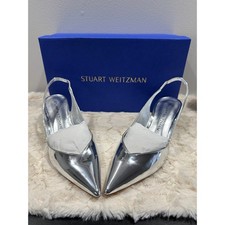 Stuart Weitzman Silver Slingback Pumps  Pointed Toe Heels Luxury Modern Glam