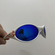 Retro Oakley Eye Jacket Red Fire Sunglasses White Frames Blue Lenses Y2K