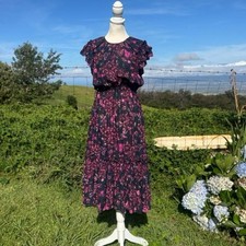 Ulla Johnson Arlene Dress Navy Blue Pink Floral Flutter Sleeve Tiered Boho Sz0