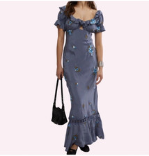 Blue Floral Embroidered Ruffle Square Neck Ruched Maxi Dress Puff Sleeve M