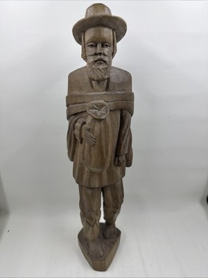 VTG Hand Carved Wood MAN Barefoot Figurine Traveler Wooden Figure 12'' Folk Art