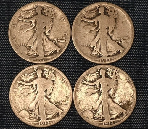 Walking Liberty Half Dollar - 90 % Silver content.  4 coins.  1917 - 1918
