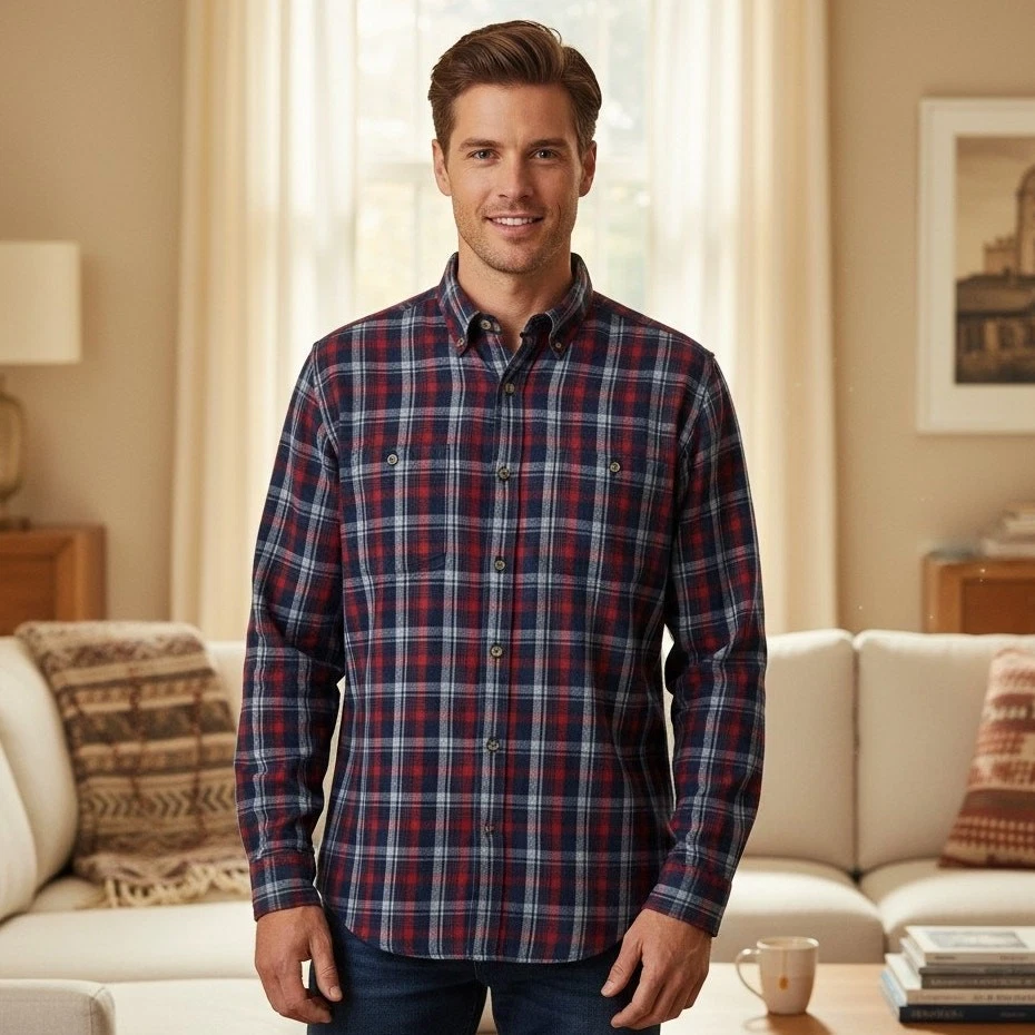 Wrangler Men's Lg Rugged Wear Long Sleeve Flannel Button Down Blue Plaid Shirt