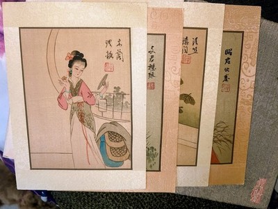 China Beauties Silk Print Set Of 4 Chinese Traditional Art IN ORIGINAL BOX EUC